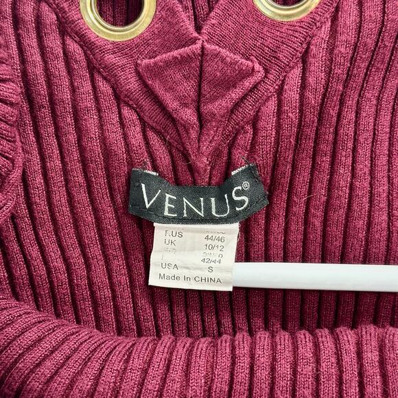 Venus Womens Ribbed Knit Top Sz Small Burgundy Cotton V Grommet Neck Long Sleeve - Picture 7 of 11
